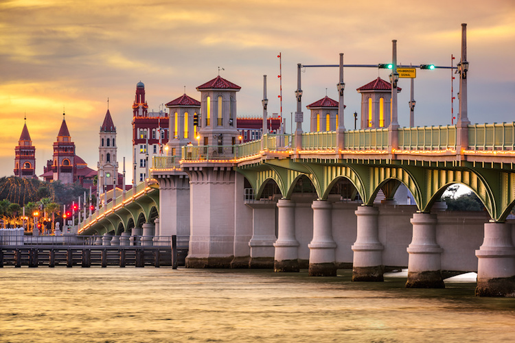 St. Augustine, Florida, USA city skyline and Bridge of Lions.